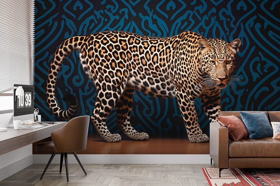 Leopard stehend auf einem Holzboden Leopard stehend auf einem Holzboden