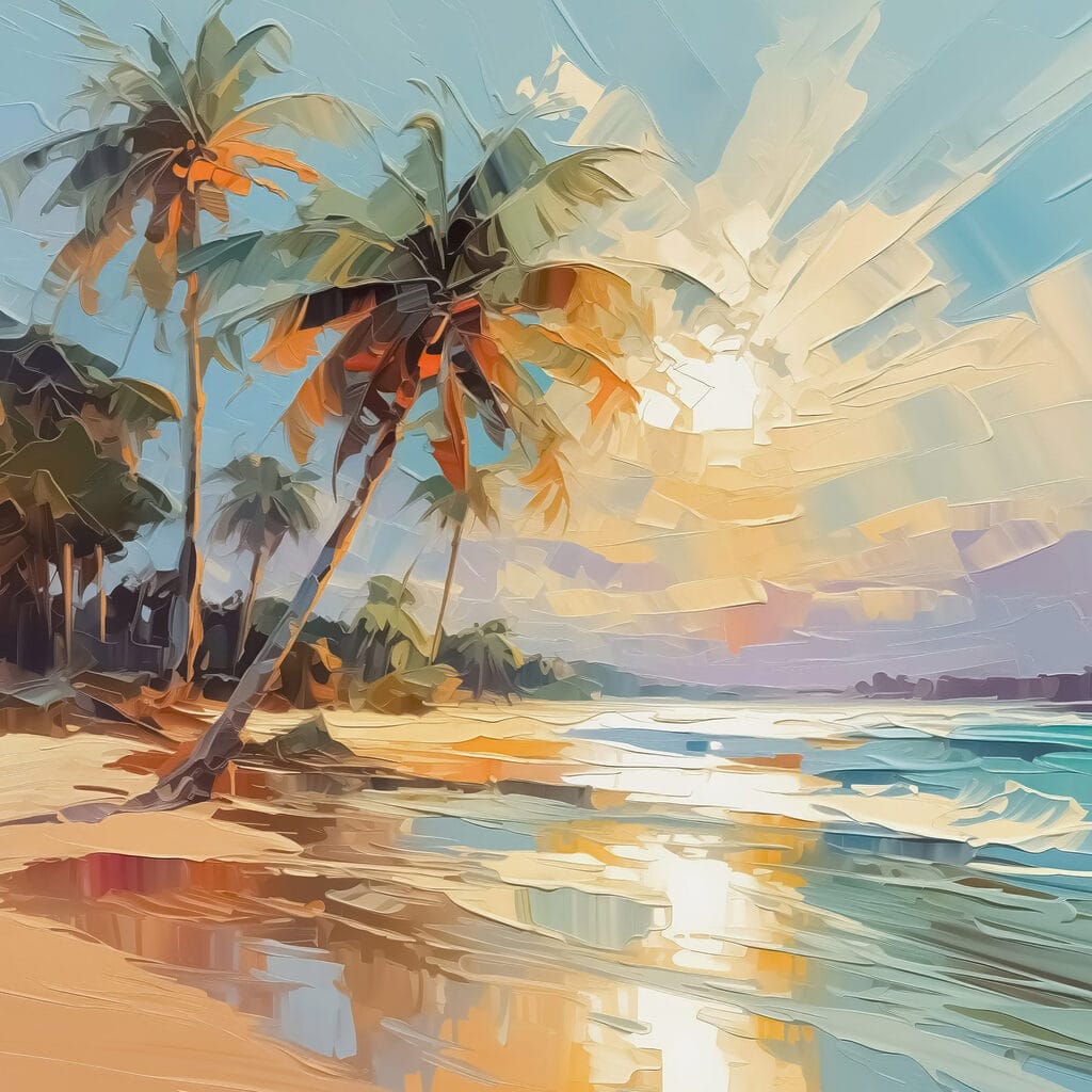 Painting of a beach with palm trees