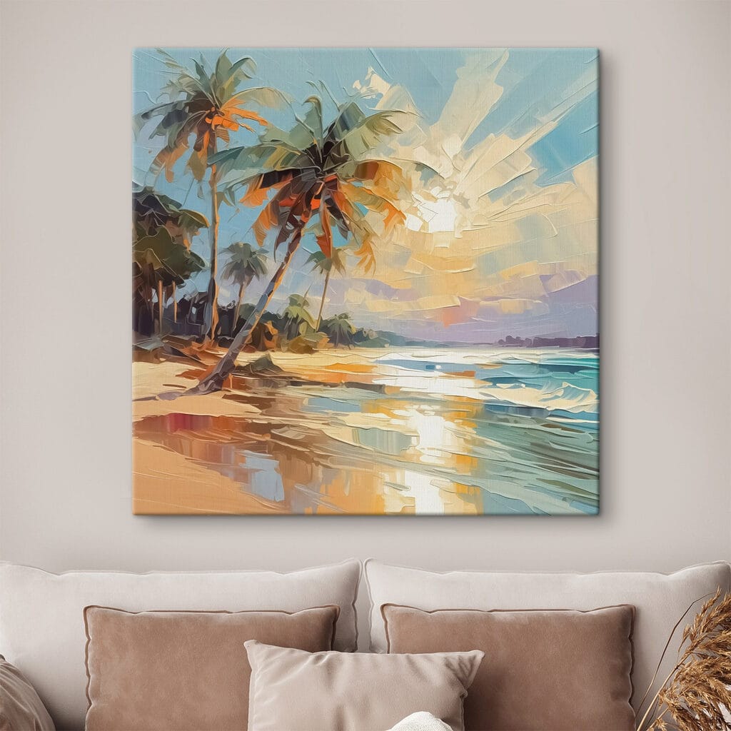 Painting of a beach with palm trees