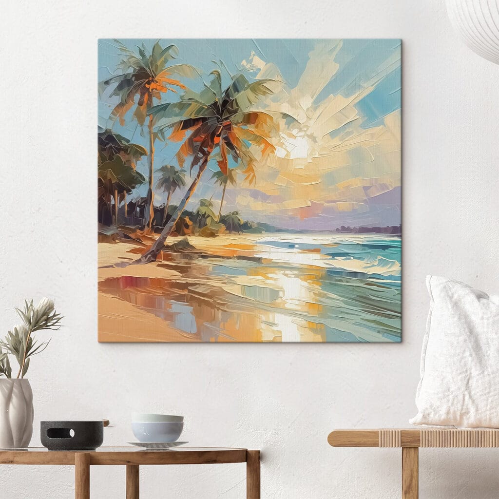 Painting of a beach with palm trees