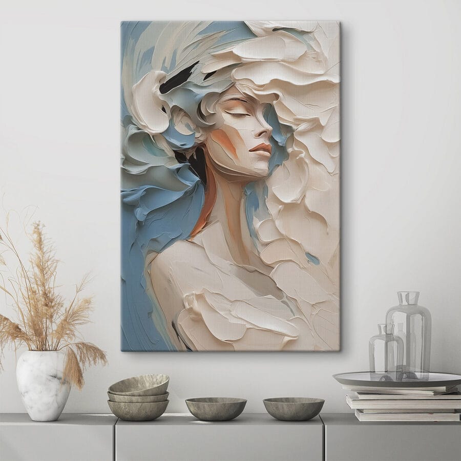 Gemälde einer Frau mit weißer und blauer Farbe