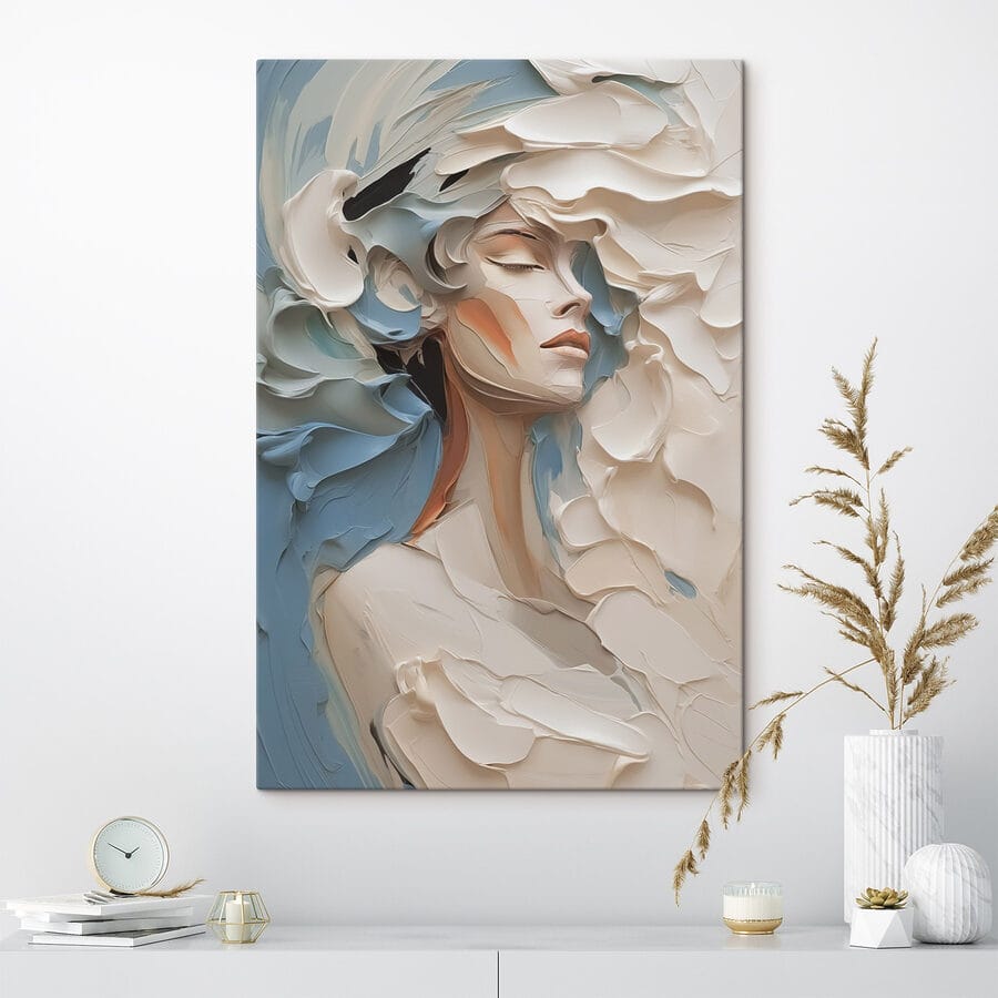 Gemälde einer Frau mit weißer und blauer Farbe