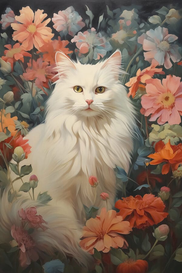 Weiße Katze in einem Blumengarten Weiße Katze in einem Blumengarten