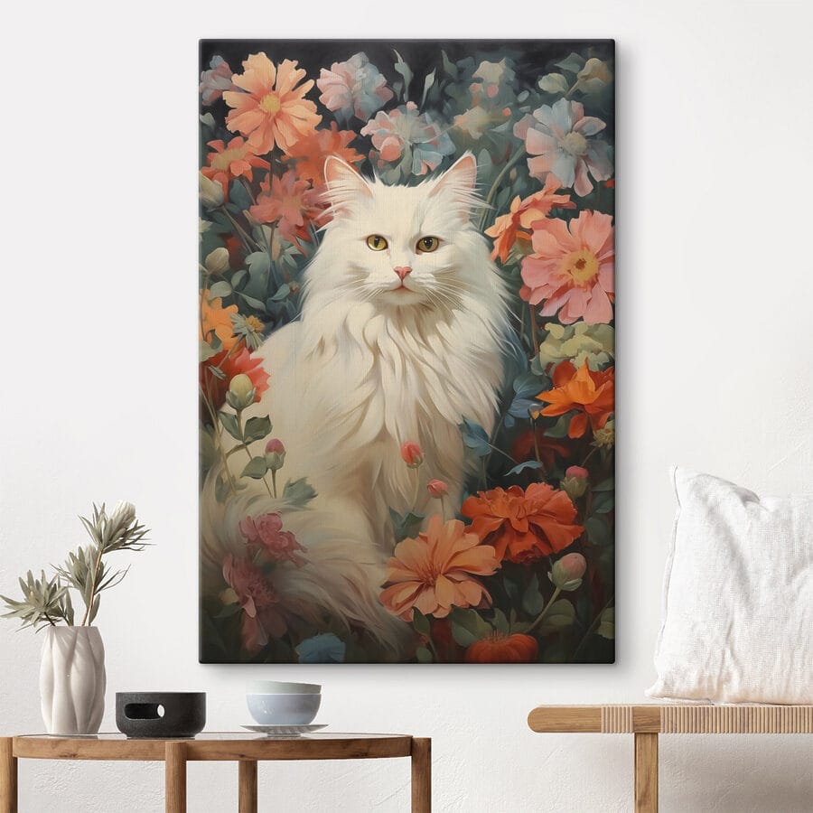 Weiße Katze in einem Blumengarten Weiße Katze in einem Blumengarten