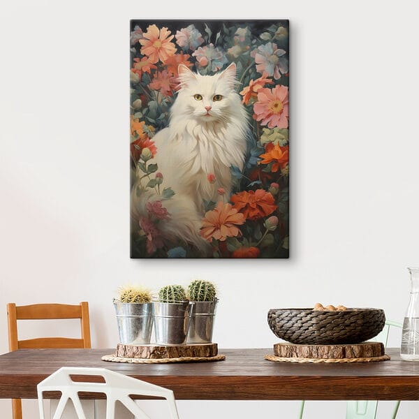 Weiße Katze in einem Blumengarten Weiße Katze in einem Blumengarten