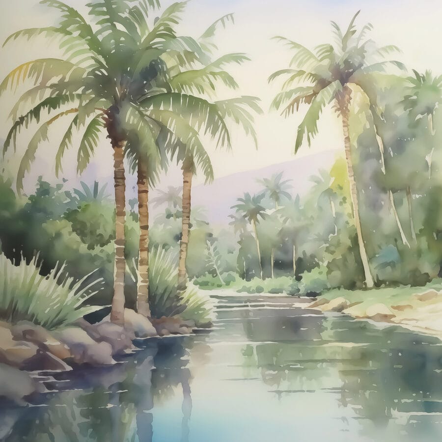 Wasser mit Palmen und Felsen Wasser mit Palmen und Felsen