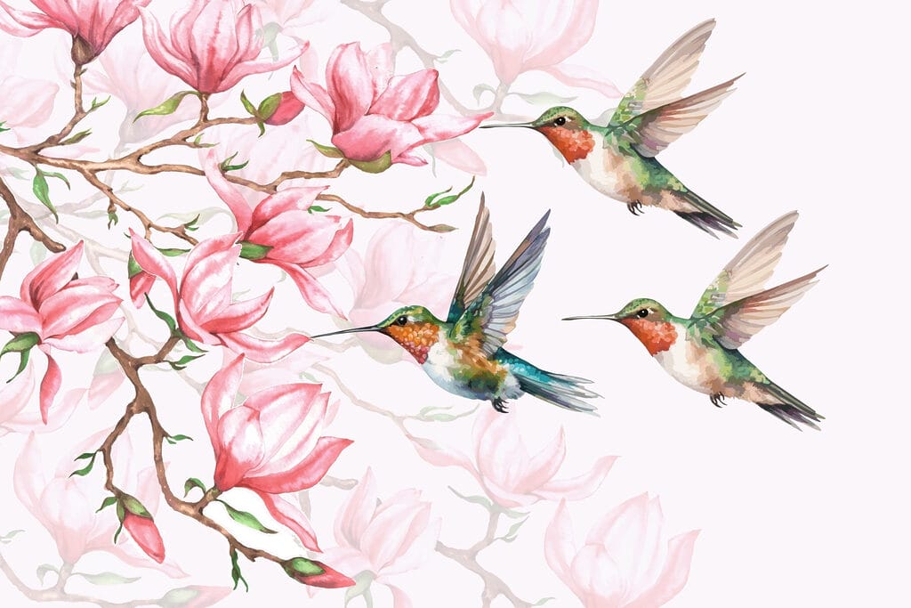 Gruppe von Kolibris fliegen neben Blumen Gruppe von Kolibris fliegen neben Blumen