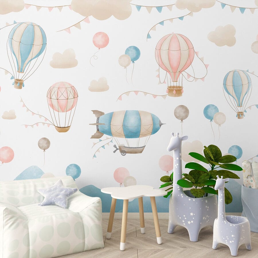Fototapeten Gruppe von Heißluftballons und Fahnen