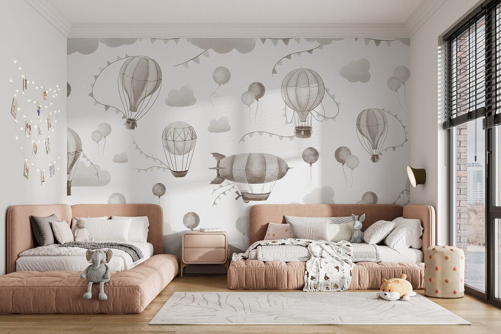 Pattern of hot air balloons and mountains