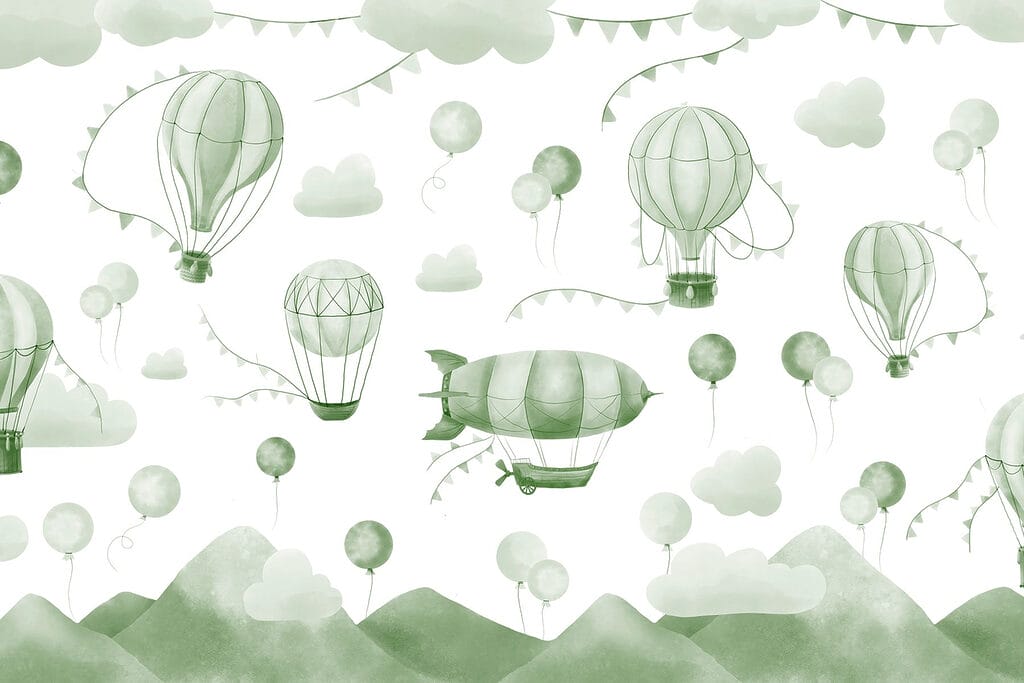 Grüner und weißer Hintergrund mit Ballons und Bergen Grüner und weißer Hintergrund mit Ballons und Bergen