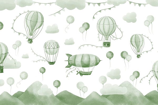 Grüner und weißer Hintergrund mit Ballons und Bergen Grüner und weißer Hintergrund mit Ballons und Bergen