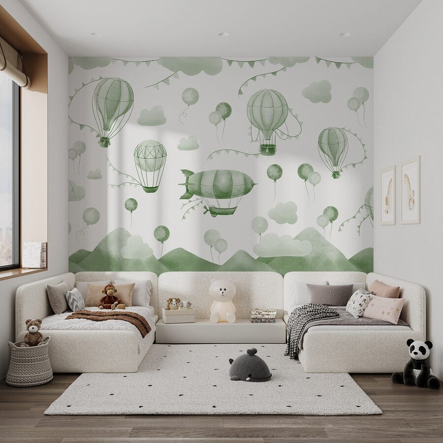 Grüner und weißer Hintergrund mit Ballons und Bergen