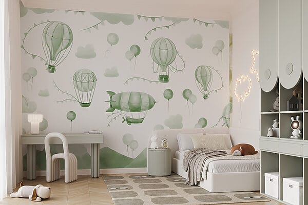 Grüner und weißer Hintergrund mit Ballons und Bergen Grüner und weißer Hintergrund mit Ballons und Bergen