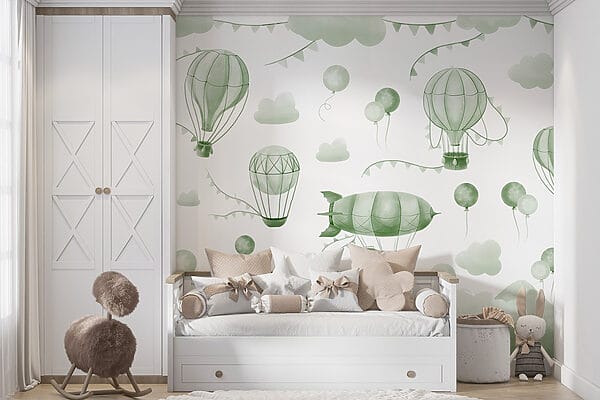 Grüner und weißer Hintergrund mit Ballons und Bergen Grüner und weißer Hintergrund mit Ballons und Bergen