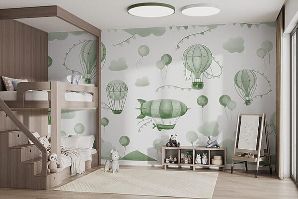 Grüner und weißer Hintergrund mit Ballons und Bergen Grüner und weißer Hintergrund mit Ballons und Bergen