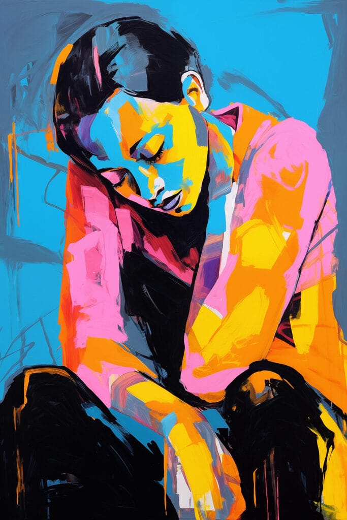 Painting of a woman with her head on her knees Painting of a woman with her head on her knees