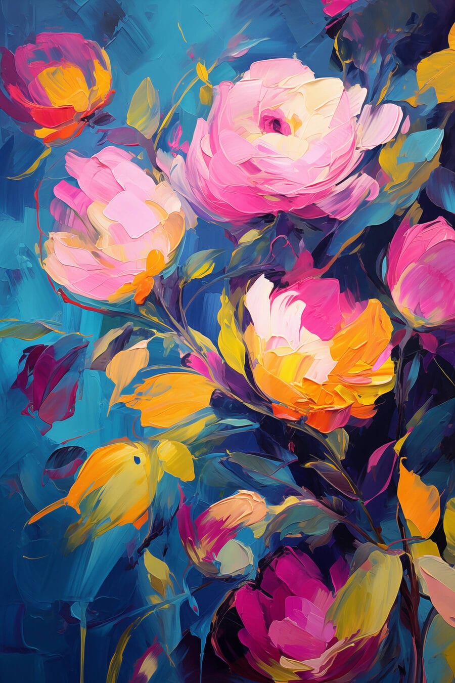 Gemälde mit Blumen auf blauem Hintergrund