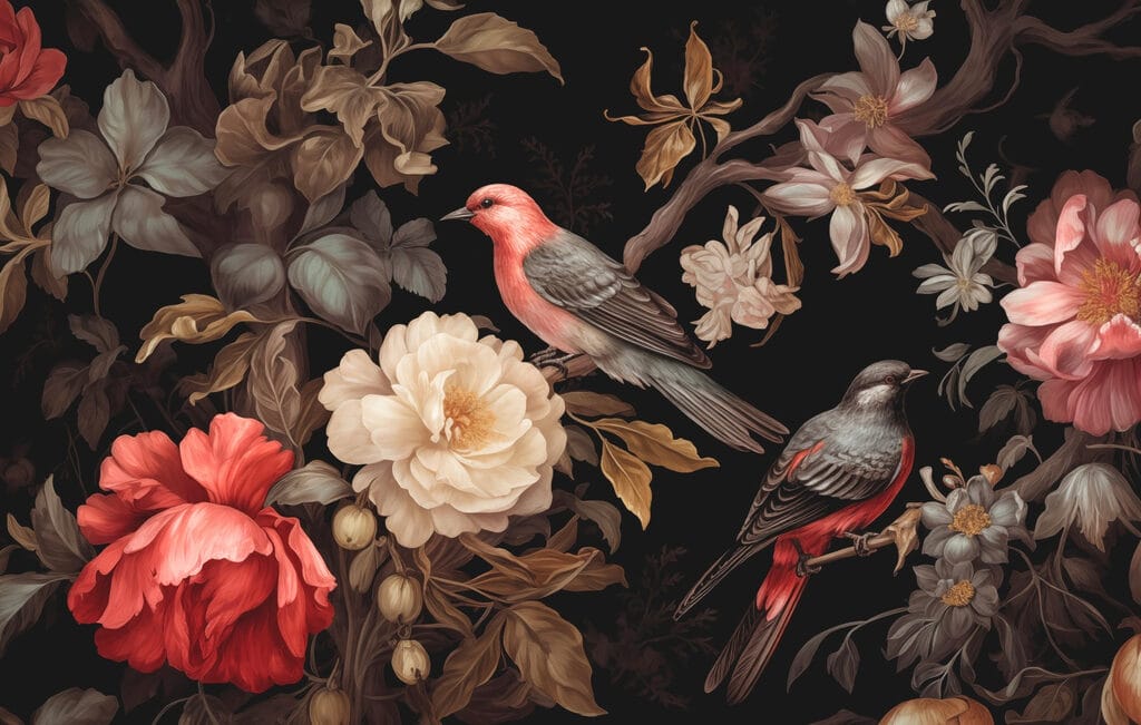 Malerei von Vögeln auf Blumen Malerei von Vögeln auf Blumen