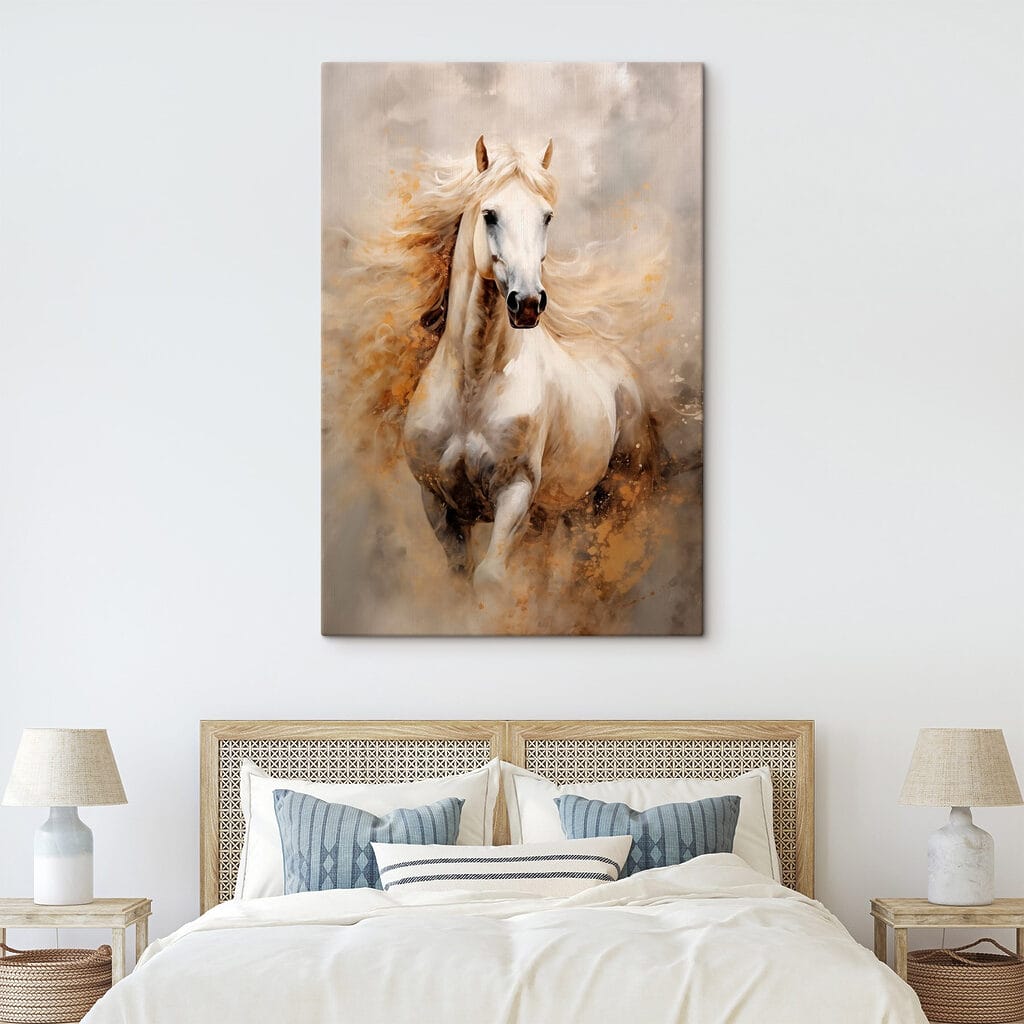 Painting of a white horse with a long mane