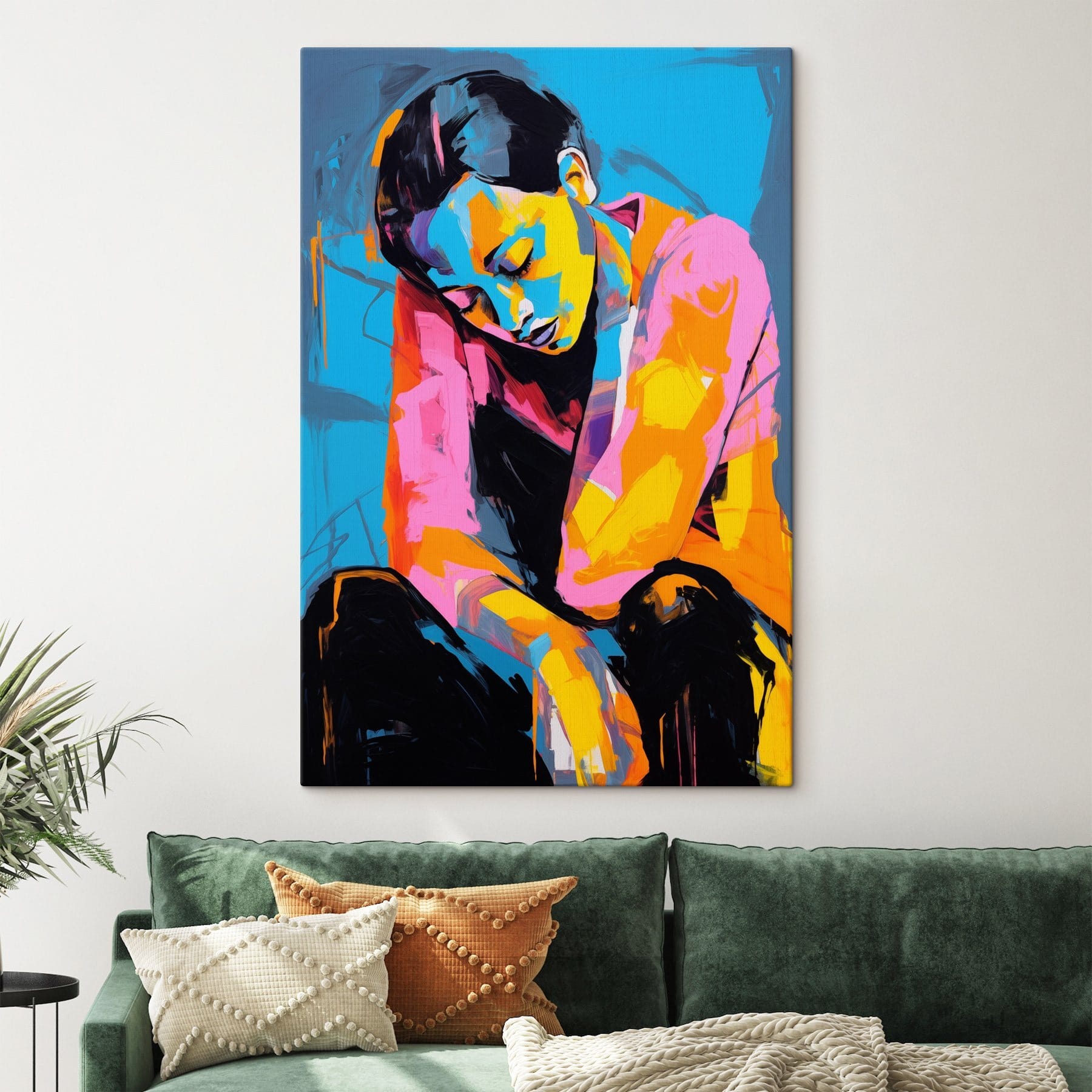 Painting of a woman with her head on her knees Painting of a woman with her head on her knees