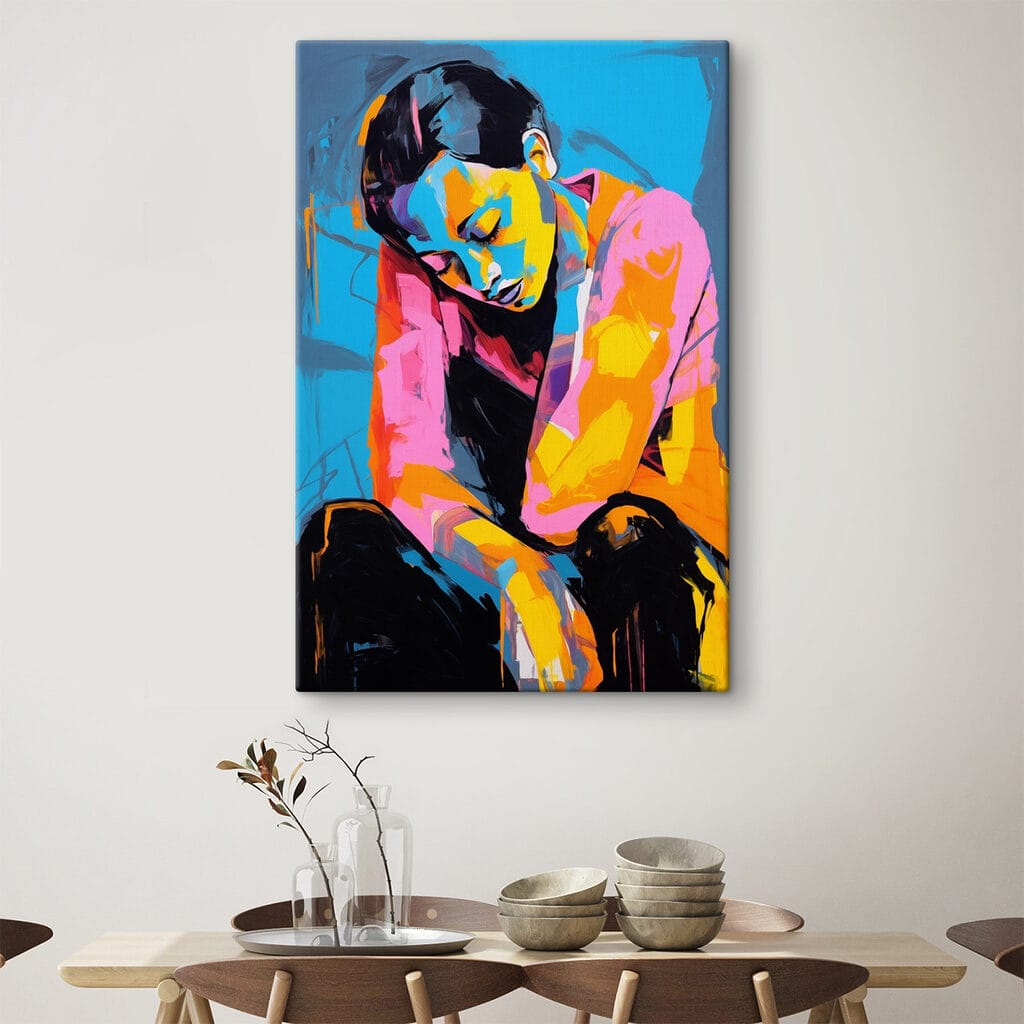 Painting of a woman with her head on her knees Painting of a woman with her head on her knees