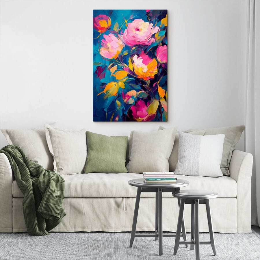 Gemälde mit Blumen auf blauem Hintergrund