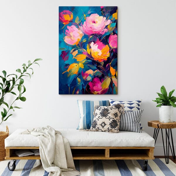 Gemälde mit Blumen auf blauem Hintergrund Gemälde mit Blumen auf blauem Hintergrund
