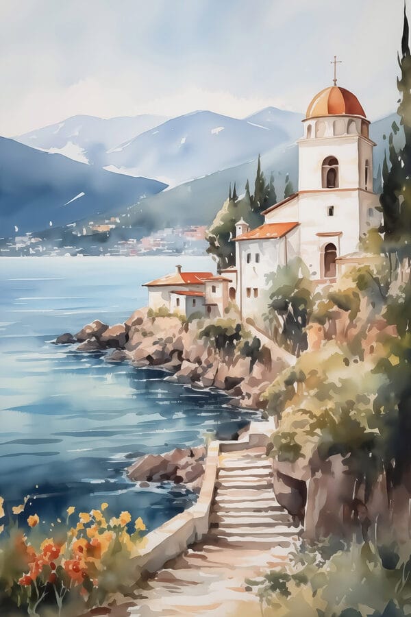 Aquarellmalerei eines Gebäudes auf einer Klippe an einem Gewässer Aquarellmalerei eines Gebäudes auf einer Klippe an einem Gewässer
