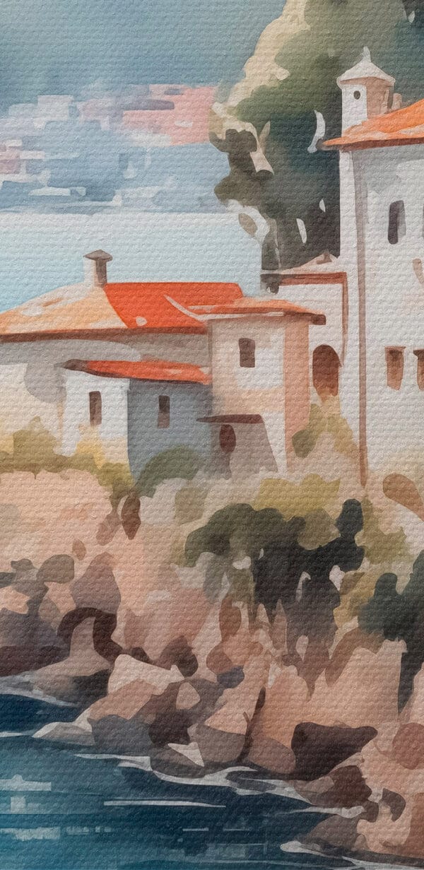 Aquarellmalerei eines Gebäudes auf einer Klippe an einem Gewässer Aquarellmalerei eines Gebäudes auf einer Klippe an einem Gewässer