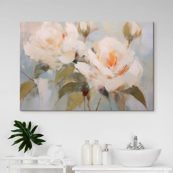 Gemälde mit Blumen auf blauem Hintergrund Gemälde mit Blumen auf blauem Hintergrund