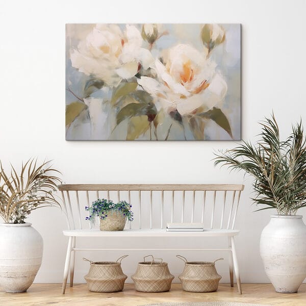 Gemälde mit Blumen auf blauem Hintergrund Gemälde mit Blumen auf blauem Hintergrund