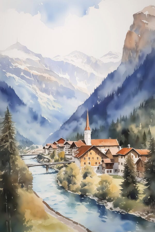 Aquarell eines Dorfes in den Bergen Aquarell eines Dorfes in den Bergen