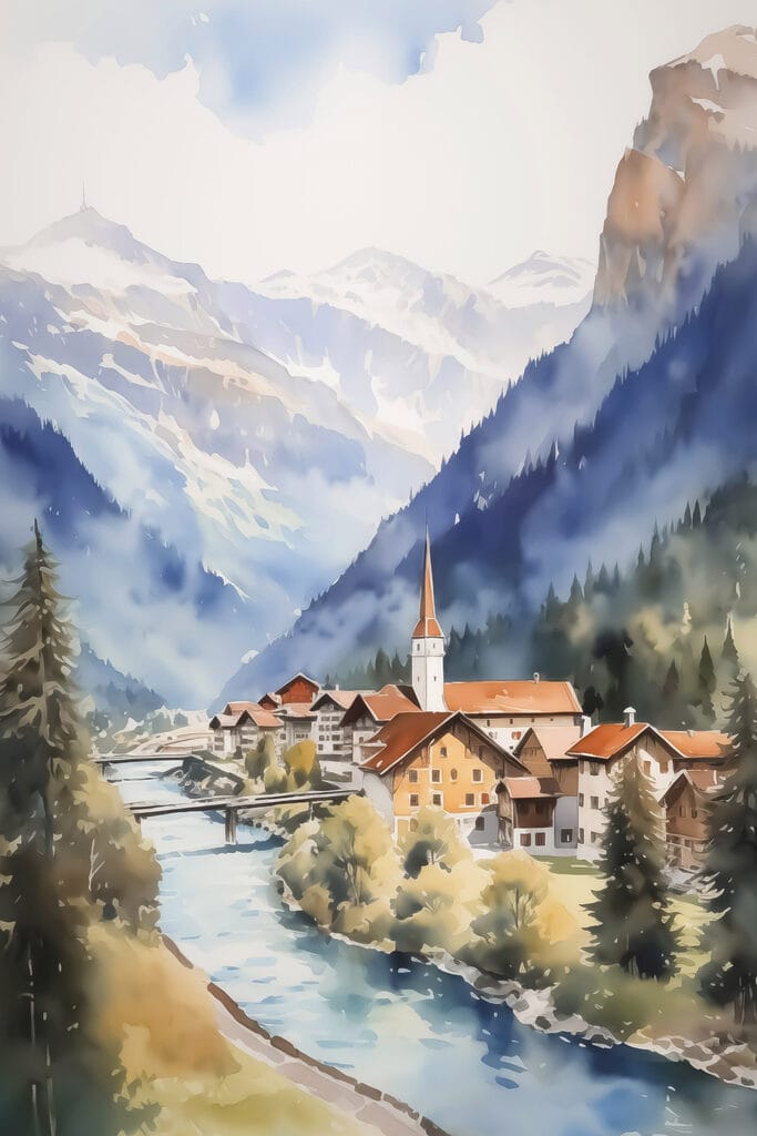 Watercolor painting of a village in the mountains