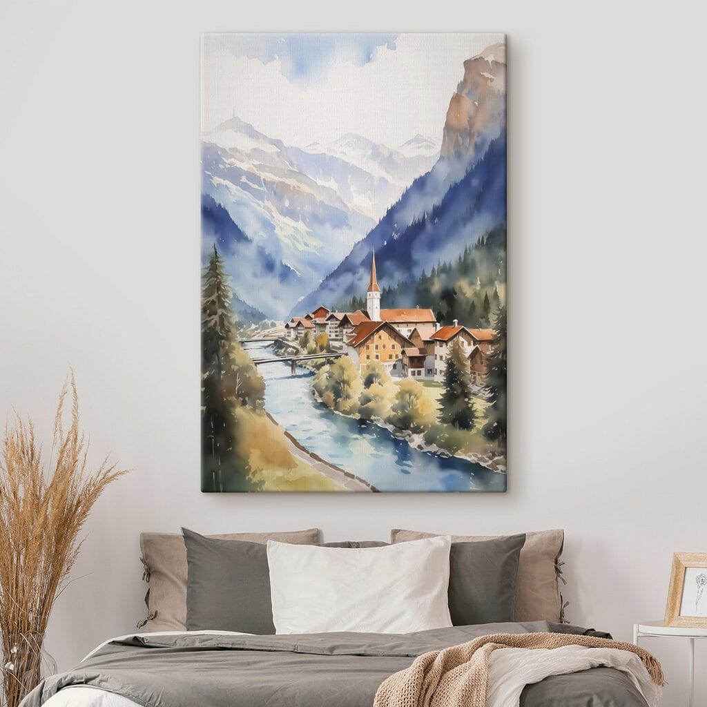 Watercolor painting of a village in the mountains