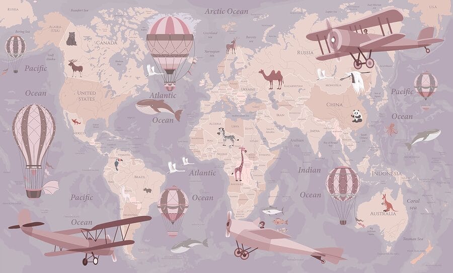 Eine Weltkarte mit Flugzeugen und Heißluftballons