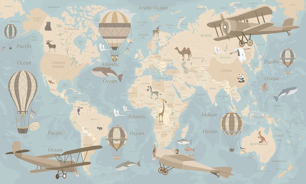Weltkarte mit Flugzeugen und Heißluftballons Weltkarte mit Flugzeugen und Heißluftballons