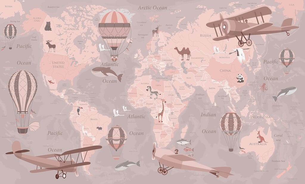 Eine Weltkarte mit Flugzeugen und Heißluftballons Eine Weltkarte mit Flugzeugen und Heißluftballons