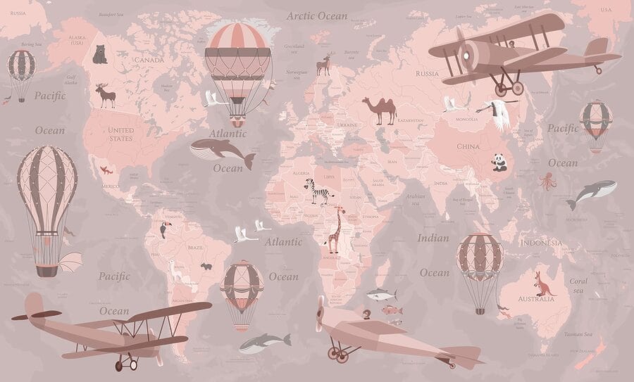 Eine Weltkarte mit Flugzeugen und Heißluftballons
