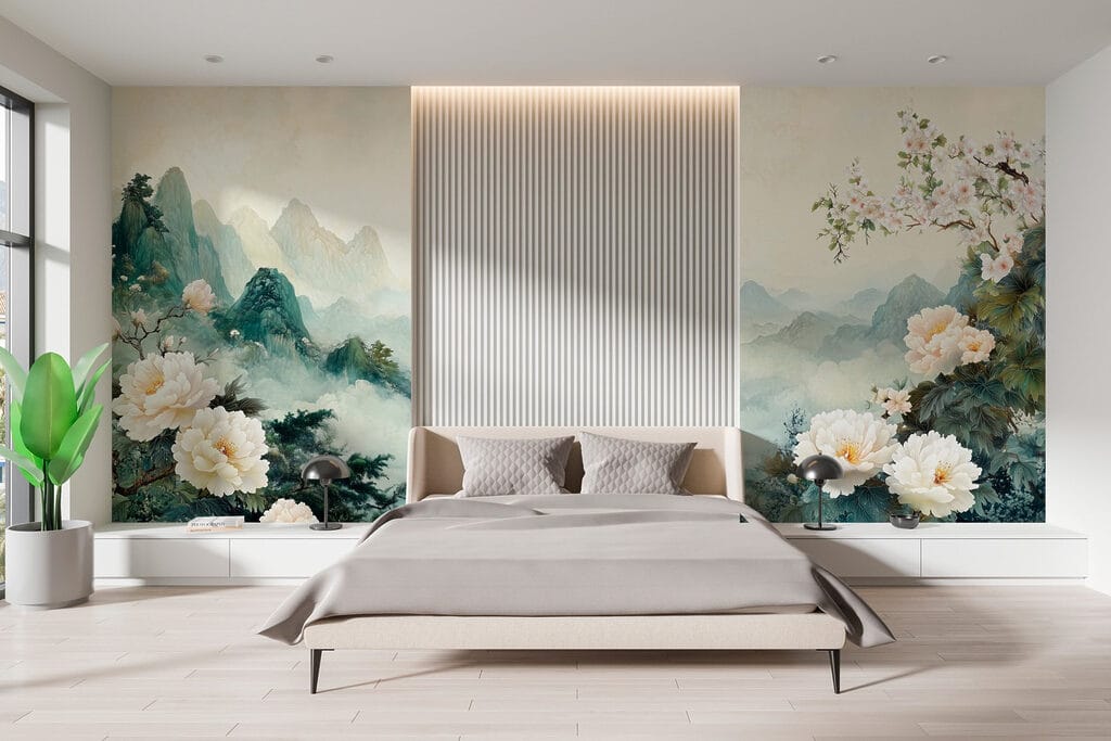 Painting of flowers and mountains