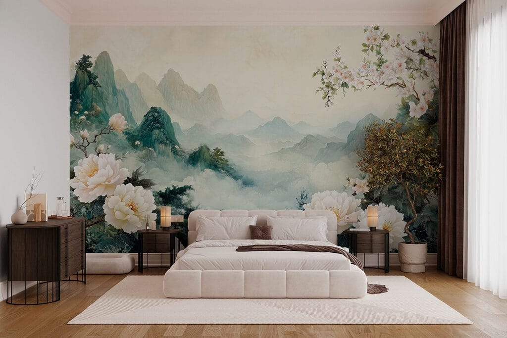Painting of flowers and mountains