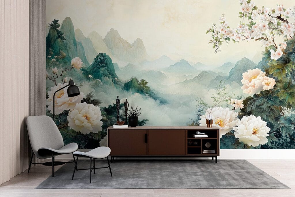 Painting of flowers and mountains