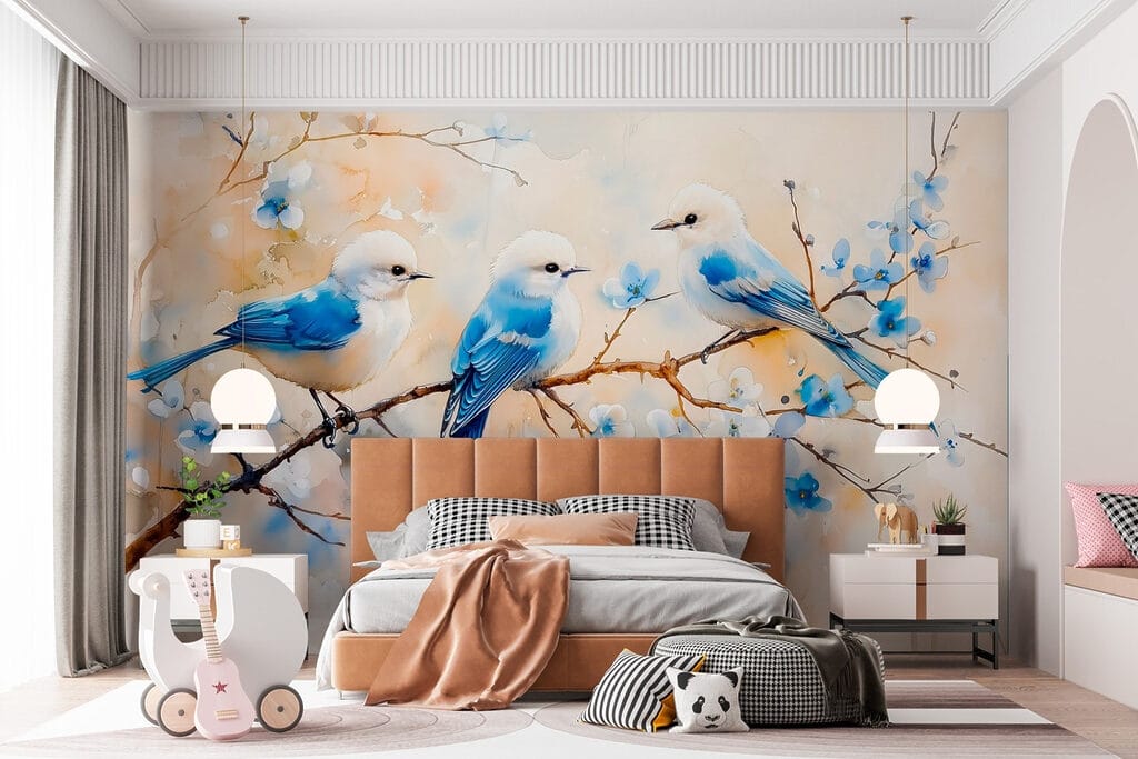 Group of blue birds on a branch