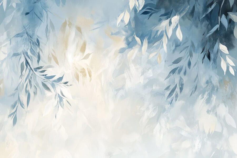 Blauer und weißer Hintergrund mit Blättern
