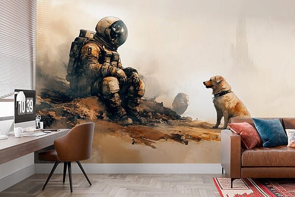 Fototapeten Ein Astronaut sitzt auf einem Felsen und schaut einen Hund an (Artikelnummer: w03115) Fototapeten Fototapeten Ein Astronaut sitzt auf einem Felsen und schaut einen Hund an (Artikelnummer: w03115)