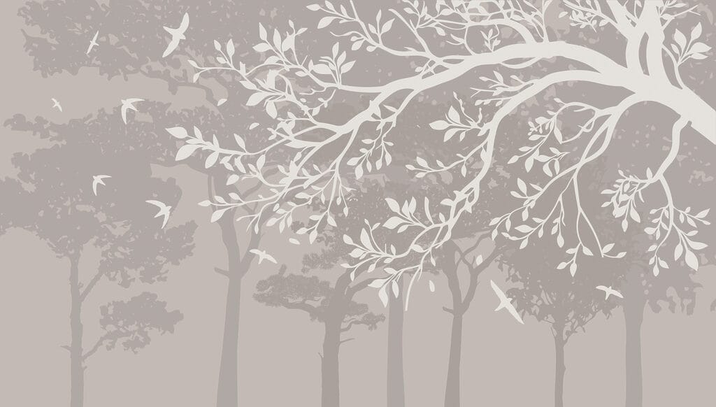 Group of trees with birds flying