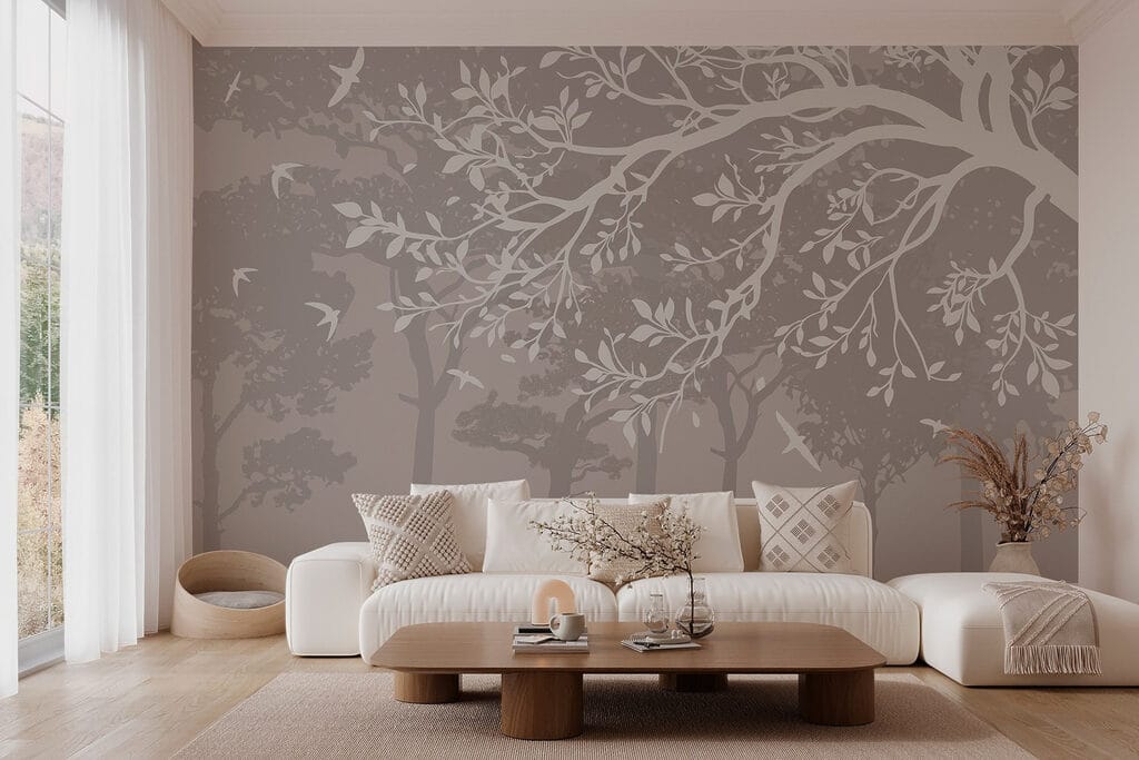 Group of trees with birds flying