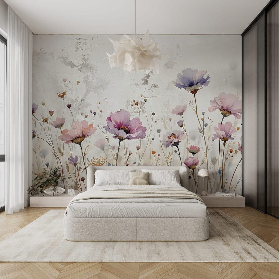 Fototapeten Gemälde mit Blumen an einer Wand