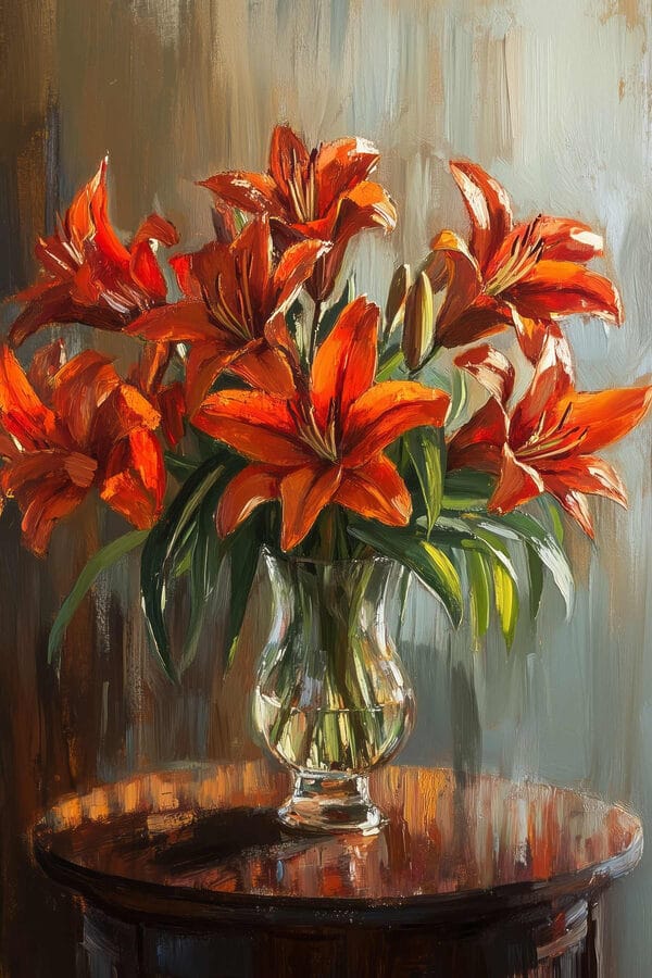 Gemälde mit orangefarbenen Blumen in einer Glasvase Gemälde mit orangefarbenen Blumen in einer Glasvase
