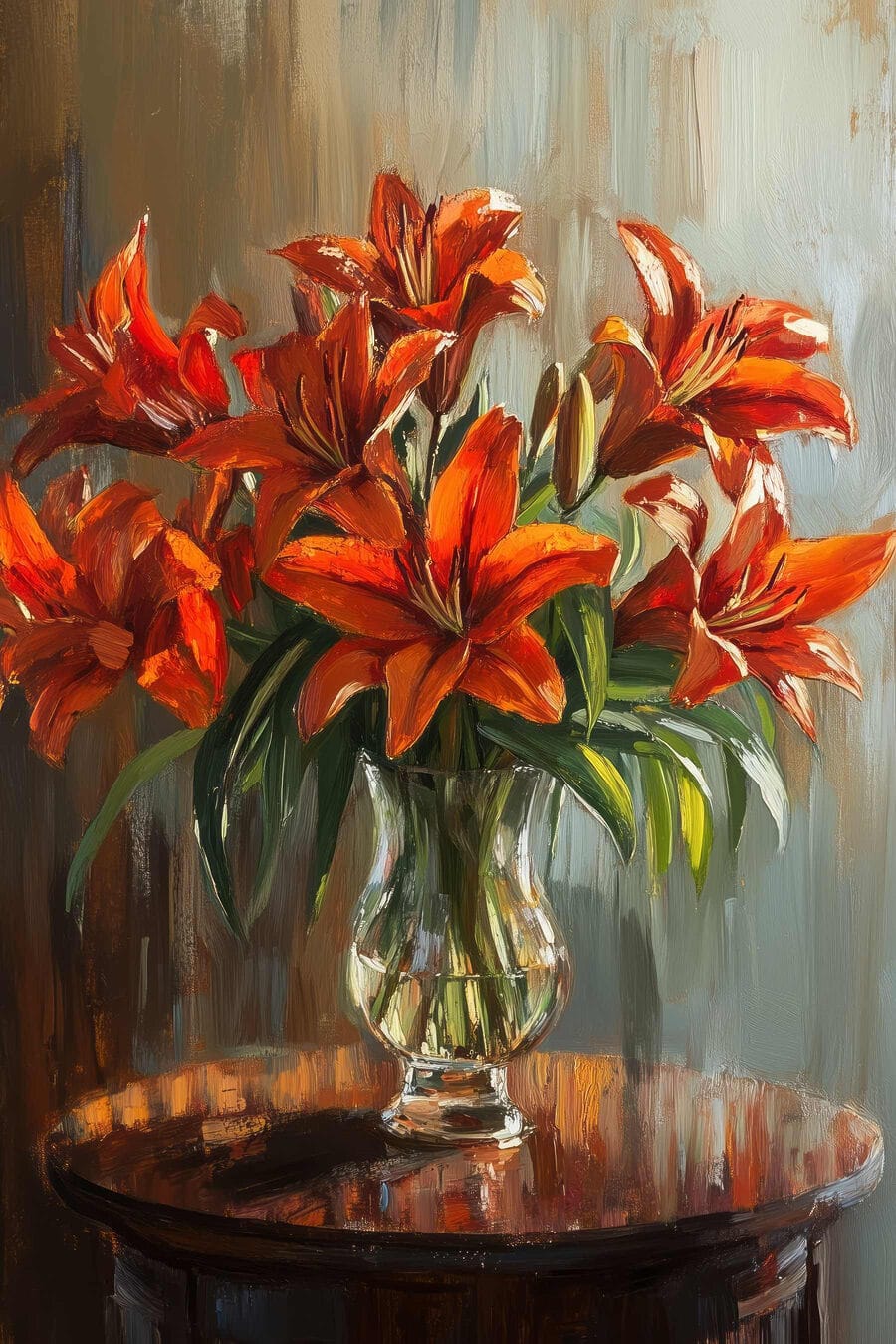 Gemälde mit orangefarbenen Blumen in einer Glasvase Gemälde mit orangefarbenen Blumen in einer Glasvase