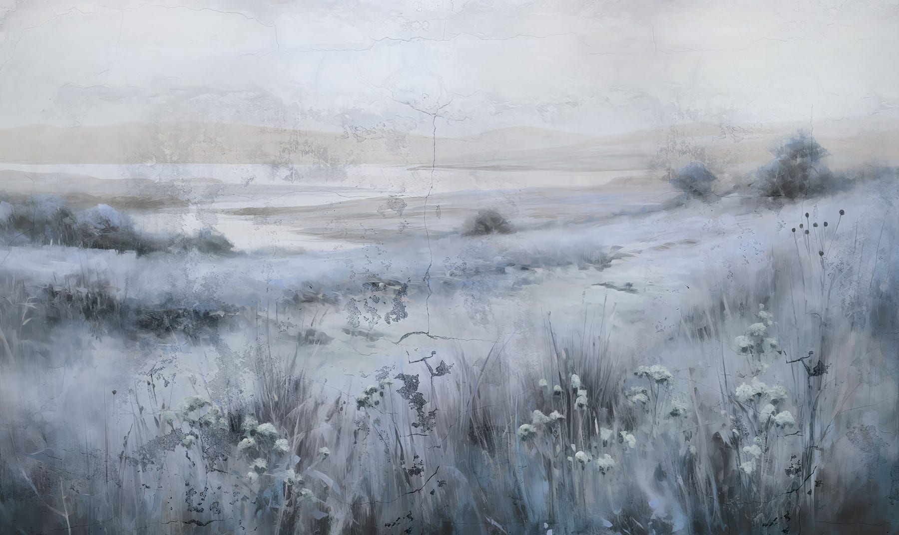 Painting of a field of grass and a river